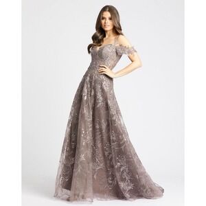 Mac Duggal Taupe Embroidered Off-Shoulder Prom Gown